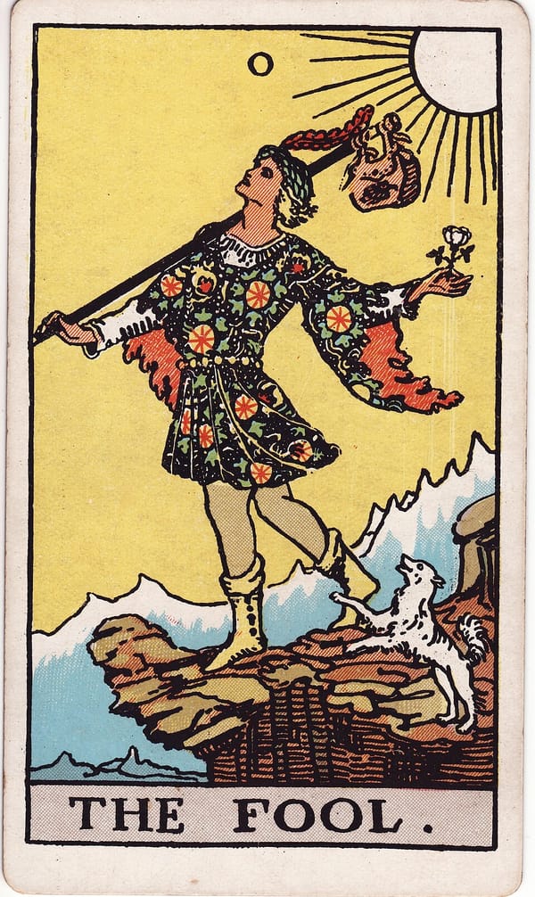 The Fool tarot card: A youthful figure stands at a cliff's edge, face turned to the sky, a small white rose of innocence in one hand and a light bundle on a staff over the shoulder.