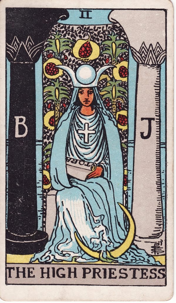The High Priestess tarot card: A veiled figure sits between two pillars — one black (Boaz), one white (Jachin) — marking the threshold to hidden knowledge.